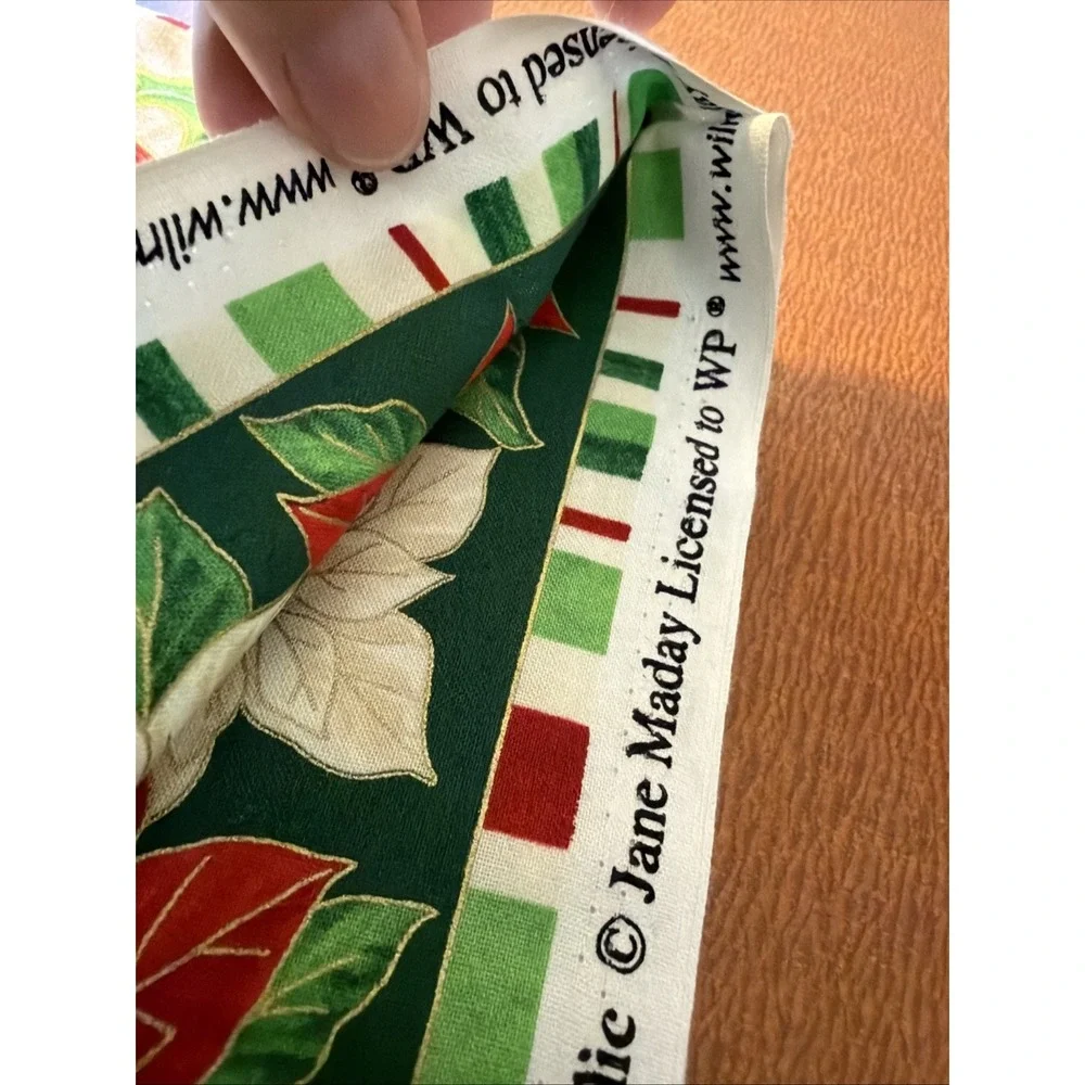Christmas Carols Birds Poinsettia Stripe Gold Cotton Fabric Wilmington 1.5 Yards